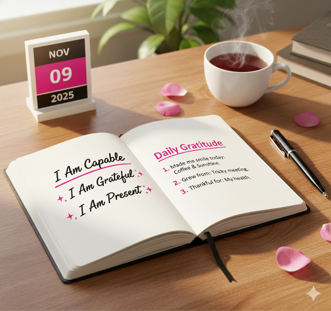 A notebook displaying 'I Am Capable, I Am Grateful, I Am Present' and a daily gratitude list.